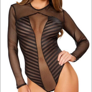 Black Long Sleeve Fishnet Bodysuit Mesh Stripes Thong Back Size M New In Box